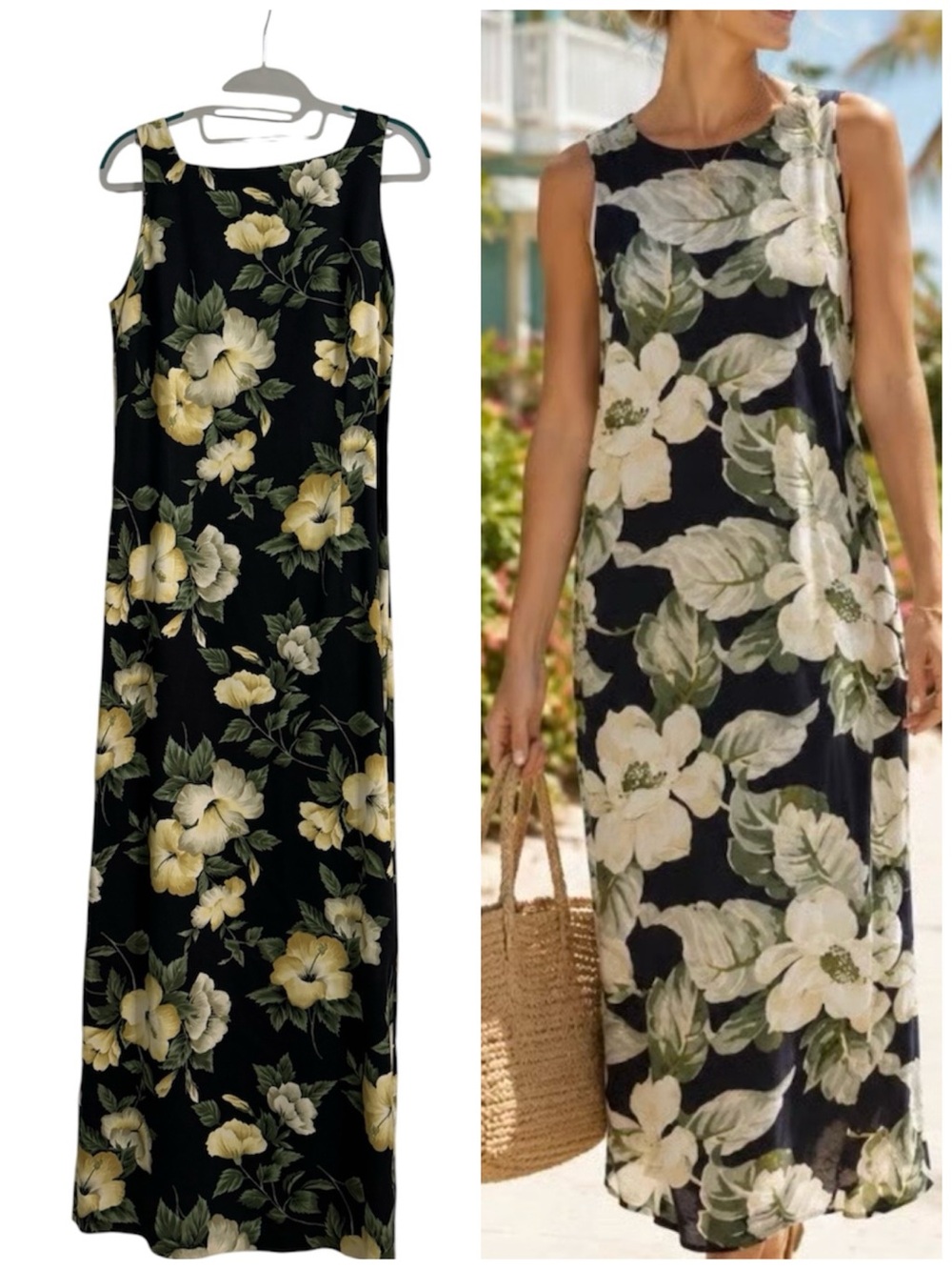 Black Floral Sleeveless Maxi Dress w/ Yellow Blossoms 100% Silk Tommy Bahama, 8